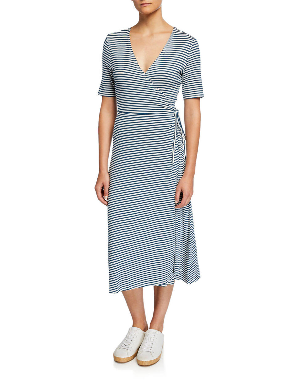 525 America Striped Wrap Midi Dress Navy